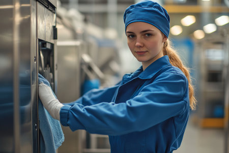 Female employee in blue uniform using electric steam press for laundry and pressing tasksのeditorial素材