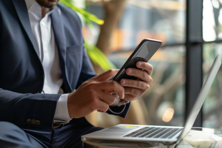 Businessman shopping online with smartphone and laptop in high quality image for super sale conceptのeditorial素材