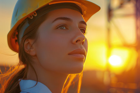 Beautiful female civil engineer in close up portrait at sunset background created with aiのeditorial素材