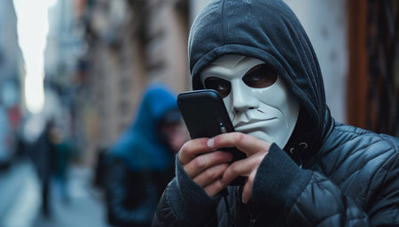 Masked man on phone scheming to depict telephone scam concept for enhanced search visibilityの写真素材