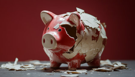 Visual depiction of a broken piggy bank symbolizing bankruptcy and financial loss of savingsの写真素材