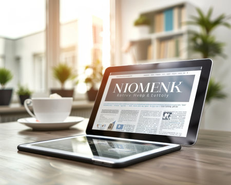 Desktop setup with tablet pc displaying latest news headlines for a modern work environmentのeditorial素材