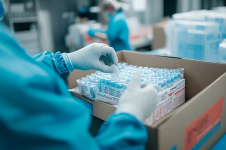 Medical logistics team efficiently packing temperature sensitive drugs for life saving transportのeditorial素材