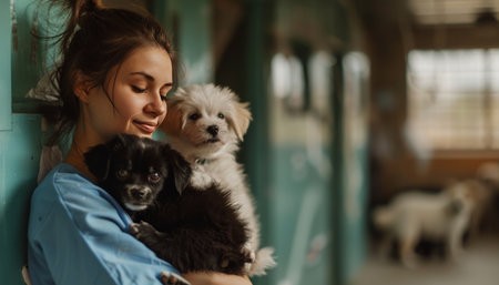 Female model with labrador and pomeranians in cinematic closeup at animal shelterのeditorial素材