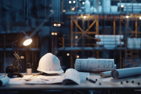 Architectural project desk in construction site illuminated by lamp for design inspiration