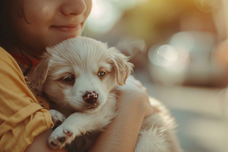 Woman lovingly cradling adorable puppy, expressing care and affection for the sweet petのeditorial素材