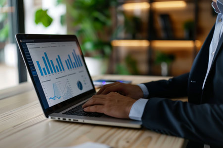 Businessman in formal attire analyzing chart on laptop, emphasizing business and technology fusionのeditorial素材