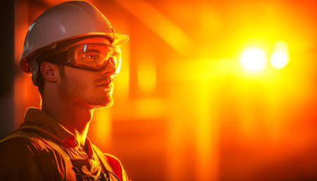 Profile of a male electrician at work in vibrant orange lighting with hard hat and safety gogglesのeditorial素材