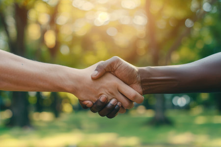 Men fist bump in park, symbolizing unity and collaboration with gestureの写真素材