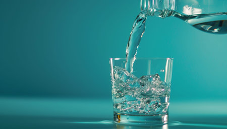 Capturing the moment pouring water from a bottle into a glass on a vivid blue background