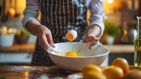 Woman cracking egg into bowl in high quality image of home kitchen cooking process