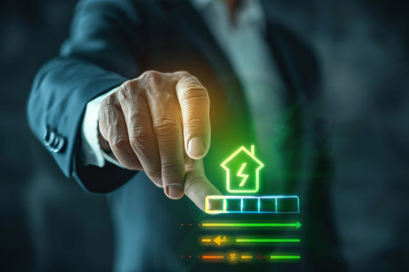 Businessman assessing energy efficiency rating on virtual screen for building audit