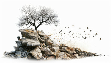 Symbolic nature collage with tree and rock on white background on a sunny day, high quality photo