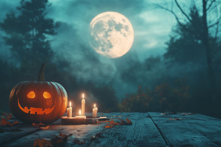 Spooky halloween background featuring full moon, pumpkins, candles, and foggy forest sceneの写真素材