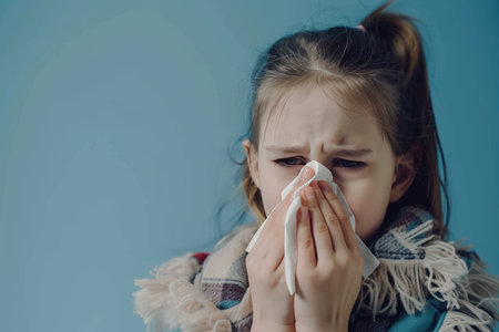 Young sick girl blowing nose into tissue, ideal for text placement in illness conceptのeditorial素材