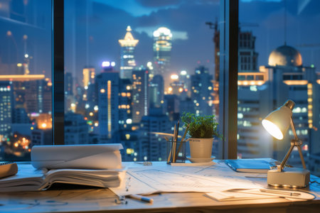 Architectural project desk with light in construction site or office building