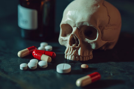 Illegal drugs and skull on dark background symbolizing health hazards and addiction risksのeditorial素材