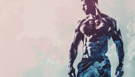 Bodybuilder flaunting chiseled abs on soft pastel background with ample space for text placementの写真素材