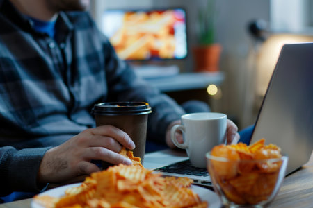 Focused professional man typing on a laptop with a coffee cup and snacks placed on the nearby tableのeditorial素材