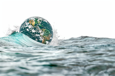Planet earth globe in water wave climate change concept on white background, elements includedの写真素材