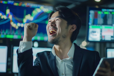 Businessman triumphs with successful trades and bonuses on tablet, symbolizing financial achievementのeditorial素材