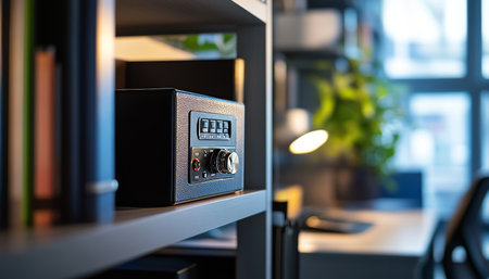 Contemporary office shelf displaying a secure modern safe for enhanced workplace securityの写真素材
