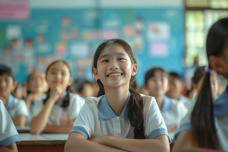 Cheerful students engaged in high quality education, sitting and learning for social mediaの写真素材