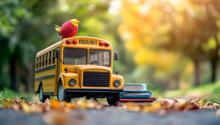 School bus surrounded by educational supplies and books a ready for school concept sceneの写真素材