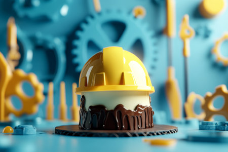 Festive yellow helmet cake on blue gear background for builder s day or construction celebrationの写真素材