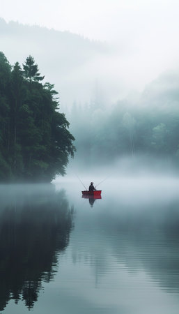 Tranquil morning fishing lone angler with red rod on misty lake at dawn in serene natural settingの写真素材