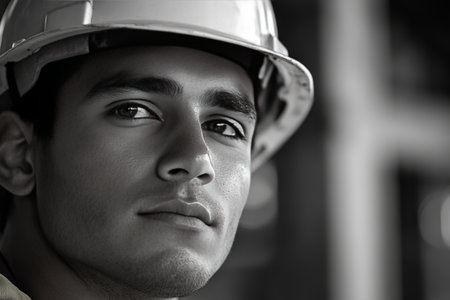 Young construction worker wearing hard hat on job site, focused and ready for workのeditorial素材