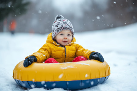 Active toddler in yellow jacket sliding down snowy hill on tube during winter fun adventure
