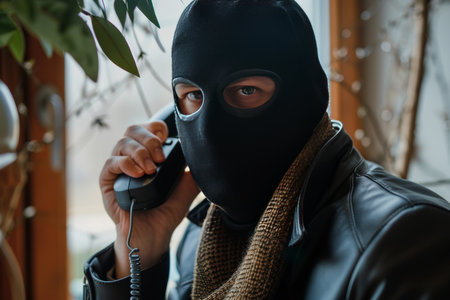 Masked person scheming on phone, illustrating telephone scam concept for search optimizationの写真素材