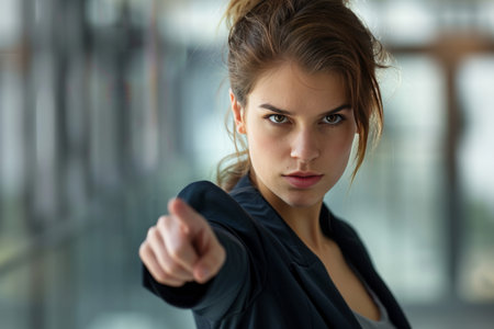 Inspiring female leader pointing forward, empowering motivation, viewer engagementのeditorial素材