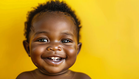 Delightful portrait of a joyful African baby smiling brightly against a vibrant yellow backgroundのeditorial素材