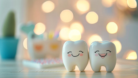 Smiling dental cartoons encourage dental hygiene on blurred background with copy spaceの写真素材