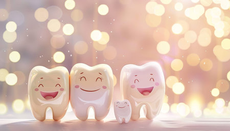 Smiling dental cartoon characters encouraging dental care on blurred background with copy space