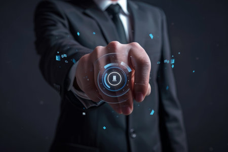 Businessman engaging with cutting edge virtual interface, pressing advanced high tech buttonsの写真素材