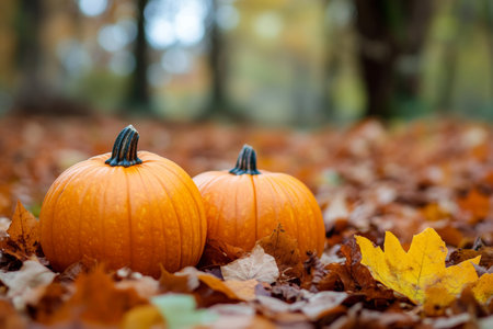 Autumn scene with pumpkins and leaves on forest for Halloween or thanksgiving decorの写真素材