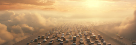 Aerial view of traffic in bustling metropolis, multiple cars driving on road in urban cityscape
