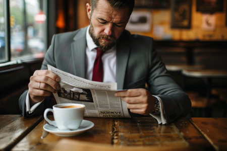 Businessman reading the latest morning news newspaper and enjoying a cup of coffee at the officeのeditorial素材