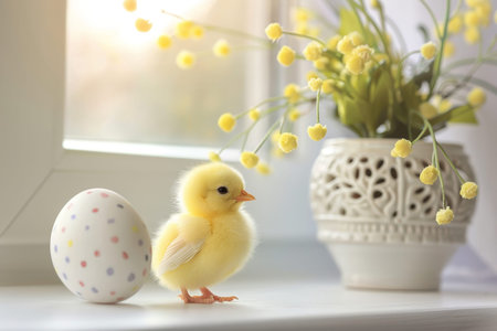 Easter egg and baby chick on white table, perfect for festive decoration and easter themed displays