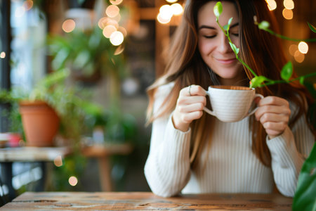 Woman enjoying coffee at cafe table with fresh drink, blurred background, copy spaceのeditorial素材
