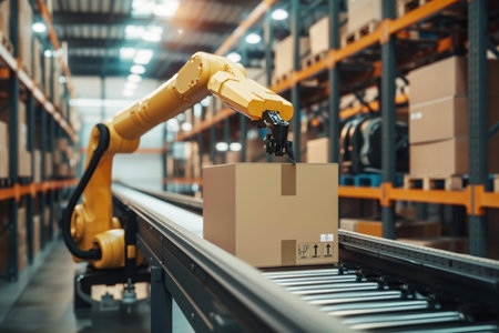 Robotic arm picking cardboard box from conveyor in warehouse with storage background