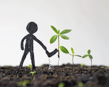 Simple stick figure watering young seedlings in minimalist style illustrationの写真素材