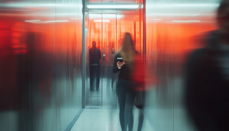 Office employees engaged on their phones inside a sleek modern elevator with a blurred backgroundの写真素材