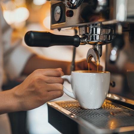 Barista crafting espresso in machine, close up on soft white background for optimal search relevance