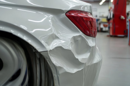 Before and after auto body repair dents and damage restoration in a repair shopの写真素材