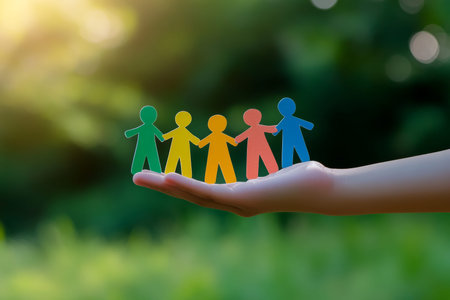 Hand supporting colorful paper people symbolizing community and social care in nature