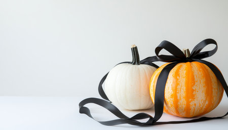 Elegant display of white and orange pumpkins adorned with black ribbon on a crisp white backdropの写真素材
